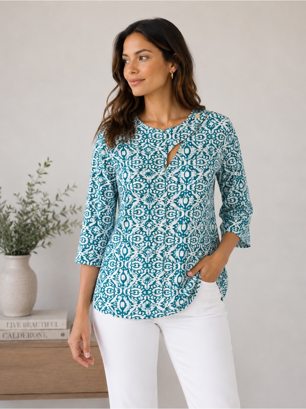Kaktus Teal‎ Geometric Print Top Size S Boho Casual Tunic Blouse